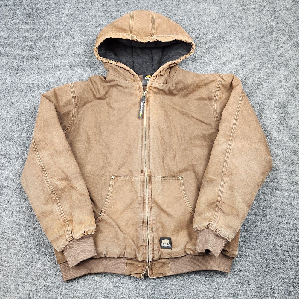 Berne Jacket Mens XL Brown Hooded Duck Canvas Workwear Quilted Lined Zip Front